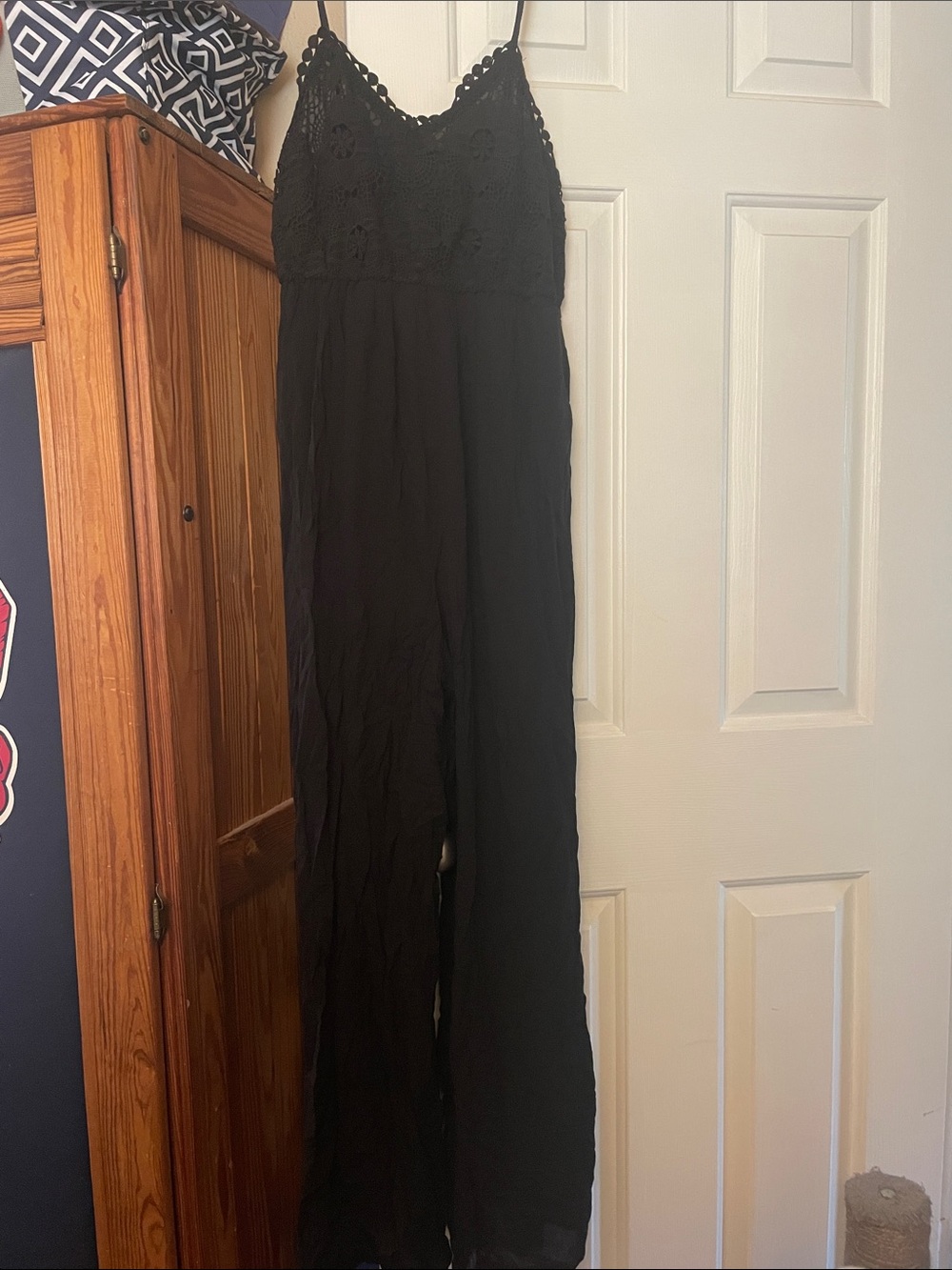 Francesca's Collections Black Crochet-Top Wide-Leg Jumpsuit